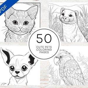 KDP Interior 50 Cute Pets Coloring Pages | 8.5" x 11" Printable PDF | Cute Animal Coloring Book For Kids And Adults image 1