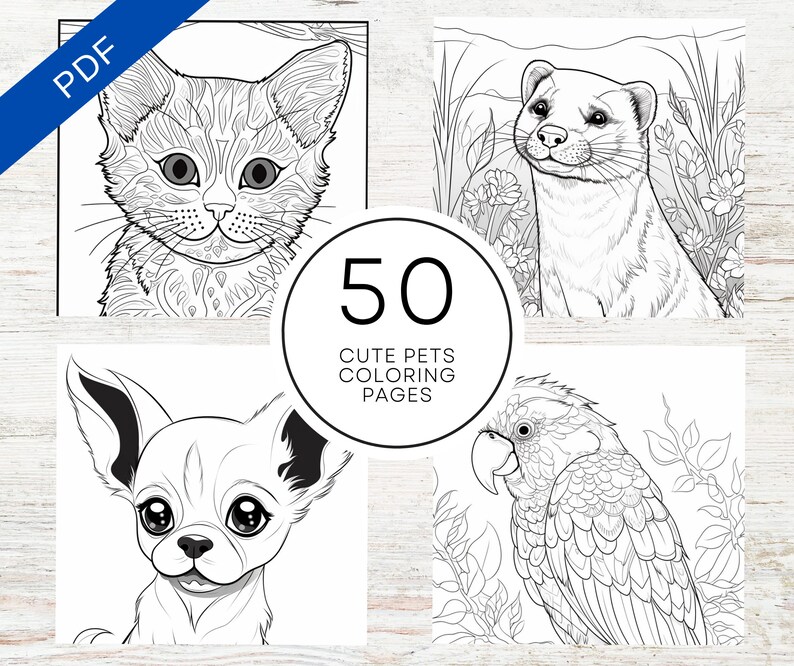 KDP Interior 50 Cute Pets Coloring Pages | 8.5" x 11" Printable PDF | Cute Animal Coloring Book For Kids And Adults image 1