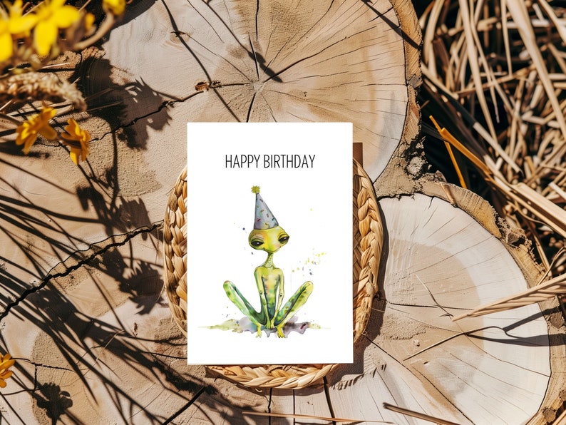 Cute Watercolor Alien Birthday Card, Digital Download Happy Birthday ...