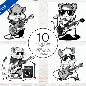 10 Cute Hamsters With Guitars Coloring Pages | Stress Relief & Relaxation Sheets For Kids And Adults | Printable PDF