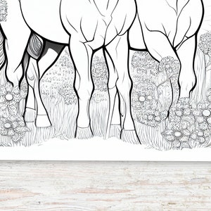 May include: Black and white line art illustration of two horses standing in a field of flowers. The horses are drawn in a detailed style, with their legs and bodies clearly defined. The flowers are also drawn in detail, with their petals and stems visible.