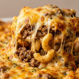 May include: A baked macaroni and cheese dish with ground beef, topped with a thick layer of melted, browned cheese. The dish features curved pasta noodles, savory meat crumbles, and visible cheese pulls, garnished with small flecks of green herbs.