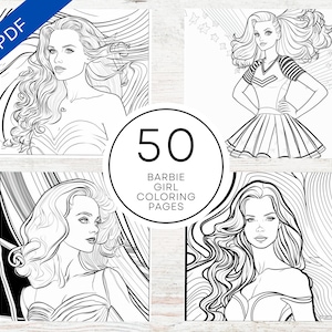 May include: A set of 50 black and white coloring pages featuring different illustrations of Barbie dolls. The text "50 Barbie Girl Coloring Pages" is displayed in the center of the image.