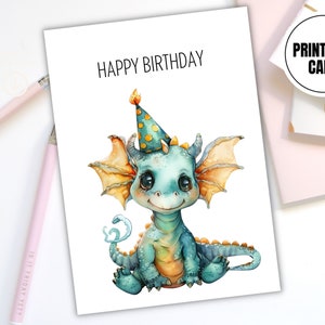 Biglietto stampabile per il download digitale di buon compleanno del simpatico drago dell'acquerello - Download istantaneo ad alta risoluzione per la stampa fai da te - Asilo nido