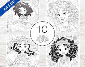 10 Black Princess Coloring Pages | Printable PDF A4 | Inclusive Cute Coloring Sheets For Kids & Adults