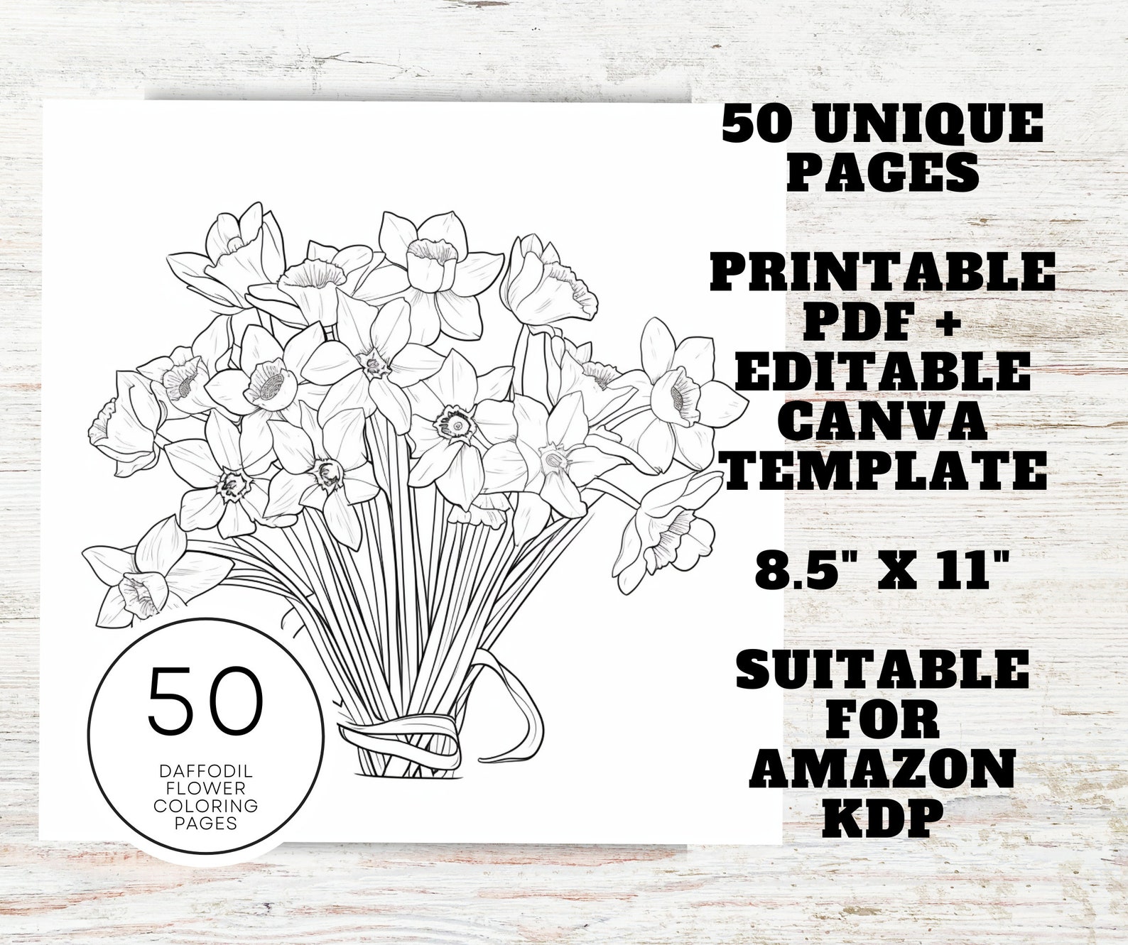 KDP Interior 50 Daffodil Flower Coloring Pages for Adults | 8.5" X 11 ...