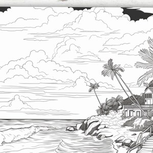 May include: A black and white line drawing of a tropical beach scene with palm trees, a house, and waves crashing on the shore.