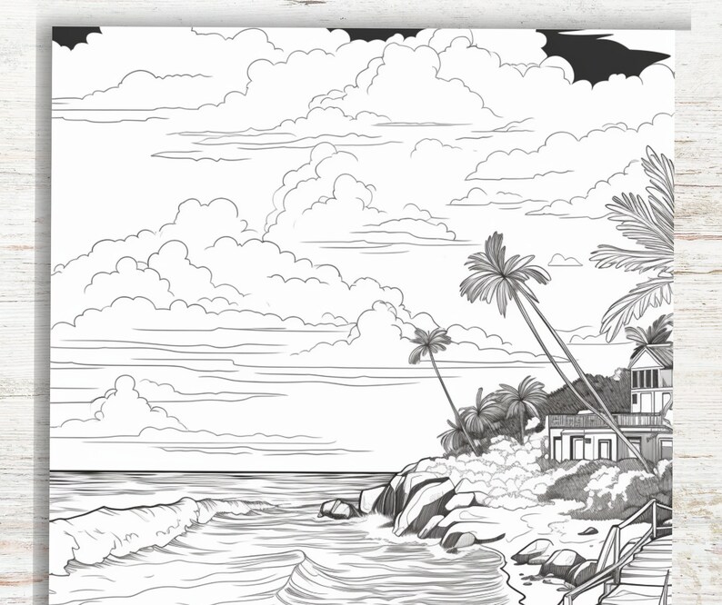 May include: A black and white line drawing of a tropical beach scene with palm trees, a house, and waves crashing on the shore.