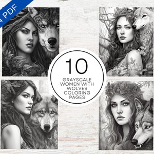 10 Grayscale Women And Wolves Coloring Pages For Adults | Digital Coloring Sheets | A4 Printable PDF | Female Portraits & Animals
