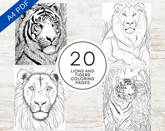 20 páginas para colorear de leones y tigres / PDF imprimible A4 / Hojas para colorear de animales salvajes para niños y adultos