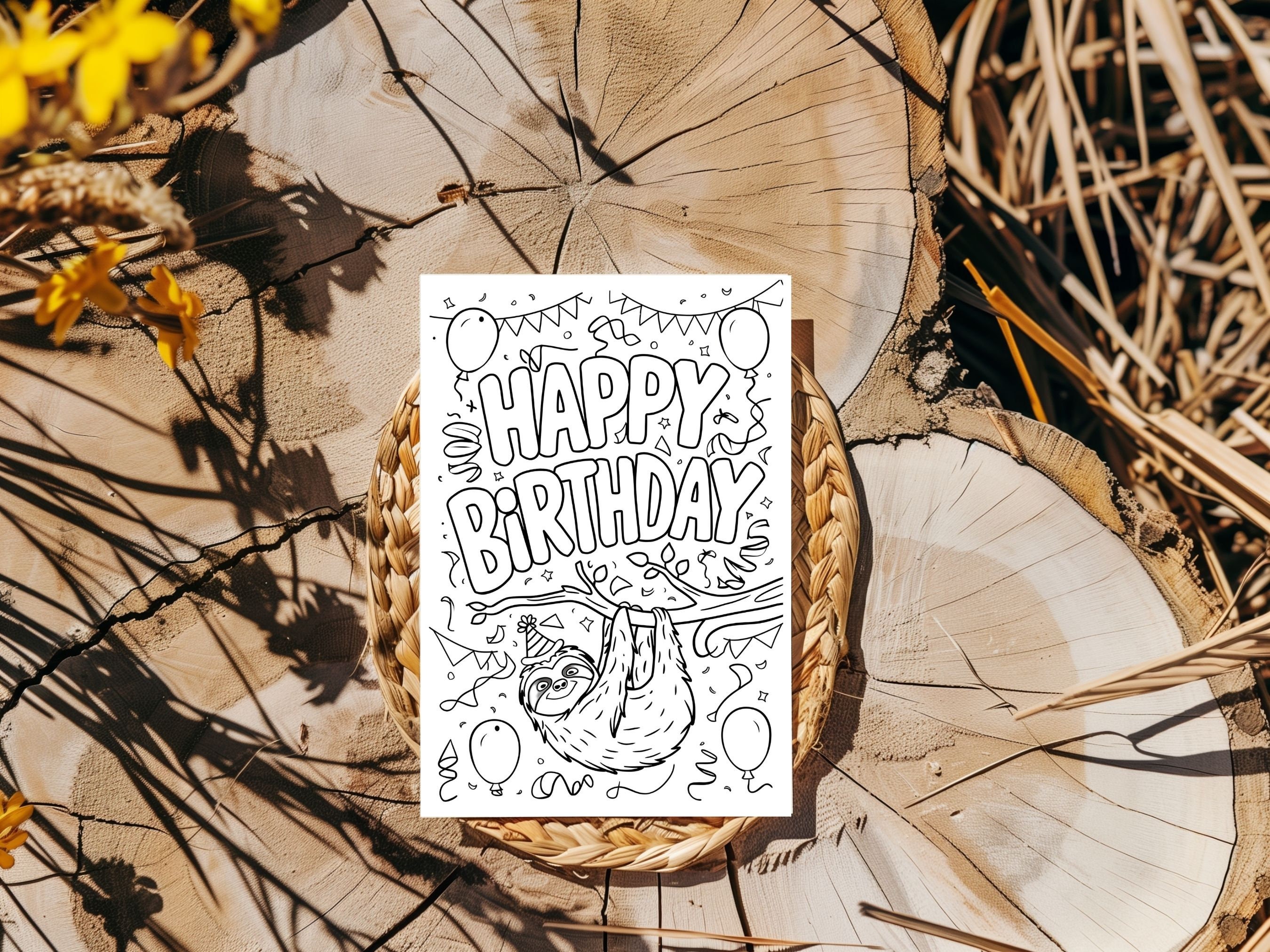 Happy Birthday Sloth Printable Coloring Card Digital Download Kid's ...