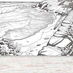 May include: A black and white line drawing of a rocky beach scene with waves crashing on the shore. A stone path leads up to a wooden railing.
