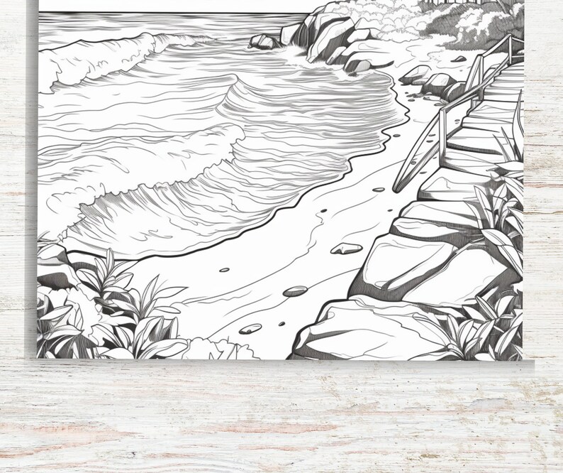 May include: A black and white line drawing of a rocky beach scene with waves crashing on the shore. A stone path leads up to a wooden railing.