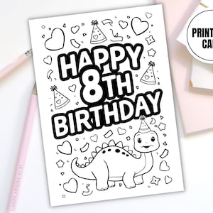 Cartão para colorir de dinossauro do 8º aniversário - Cartão de aniversário digital para impressão para crianças - Página de atividades divertidas para crianças - Download instantâneo - Festa de aniversário
