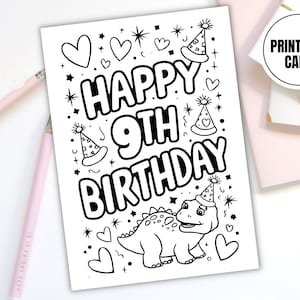 Carte à colorier dinosaure pour son 9e anniversaire - Imprimable en téléchargement numérique pour les enfants - Carte d'activités d'anniversaire amusante - Cadeau pour 9 ans - Page d'activités