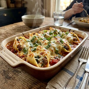 Peut inclure: Un plat de cuisson rectangulaire en céramique rempli de grosses pâtes farcies à la viande et au fromage, garnies de mozzarella fondue et de feuilles de basilic frais, dans une sauce tomate rouge avec de la vapeur qui s'en échappe.