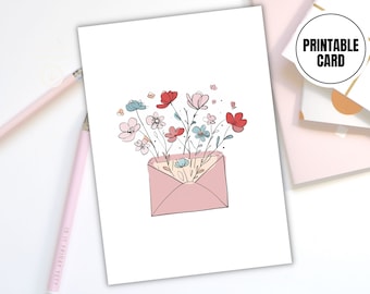 Printable Greeting Card - Pastel Pink Floral Design - Minimalistic Botanical Print - Instant Digital Download - Non-Personalized Stationery