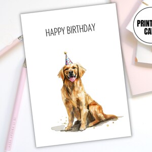 Golden Retriever verjaardagskaart, schattige minimalistische afdrukbare digitale downloadkaart, gelukkige verjaardag hond minnaar kaart, Instant Download