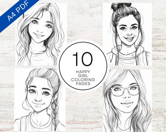 10 Happy Girl Coloring Pages | Printable PDF A4 | Cute Coloring Sheets For Toddlers, Kids & Teens | Girl Portraits