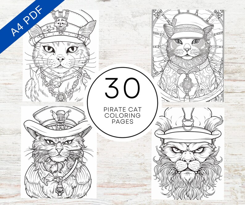 30 Pirate Cats Coloring Pages Printable PDF 30 Pages A4 Funny Cute Cat ...