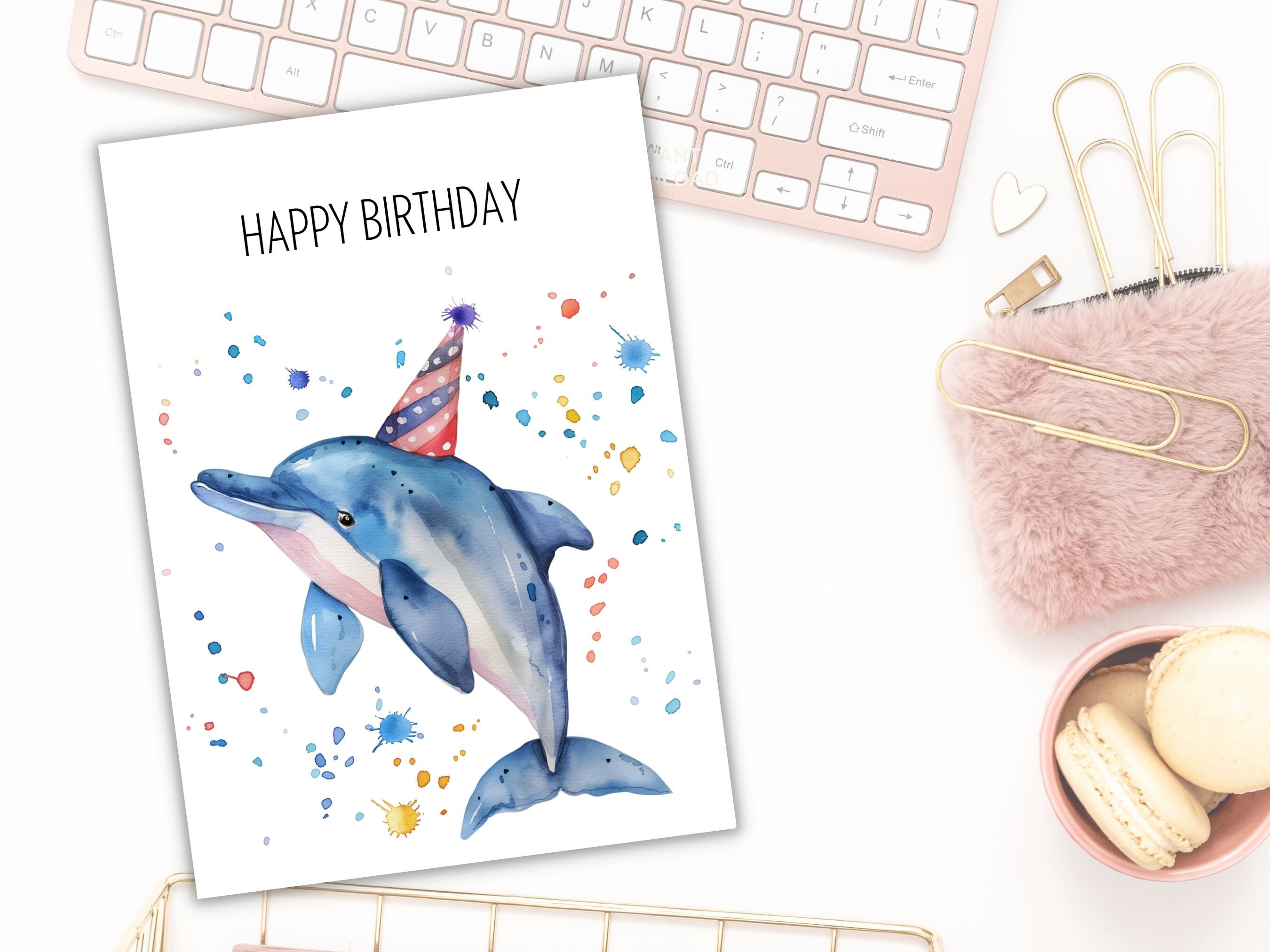 Cute Dolphin Birthday Card, Watercolor Printable Digital Card, Happy ...