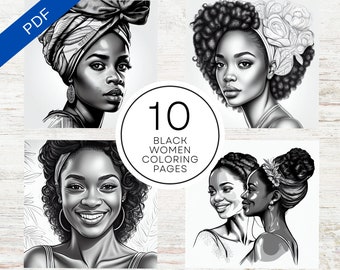 May include: A set of 10 black and white coloring pages featuring portraits of Black women. The pages are designed for adults and feature intricate details.