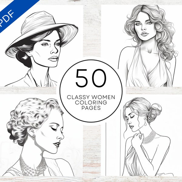 KDP Interior 50 Classy Women Portraits Coloring Pages | 8.5" x 11" PDF & Canva Template | Commercial Use Coloring Book For Teens And Adults