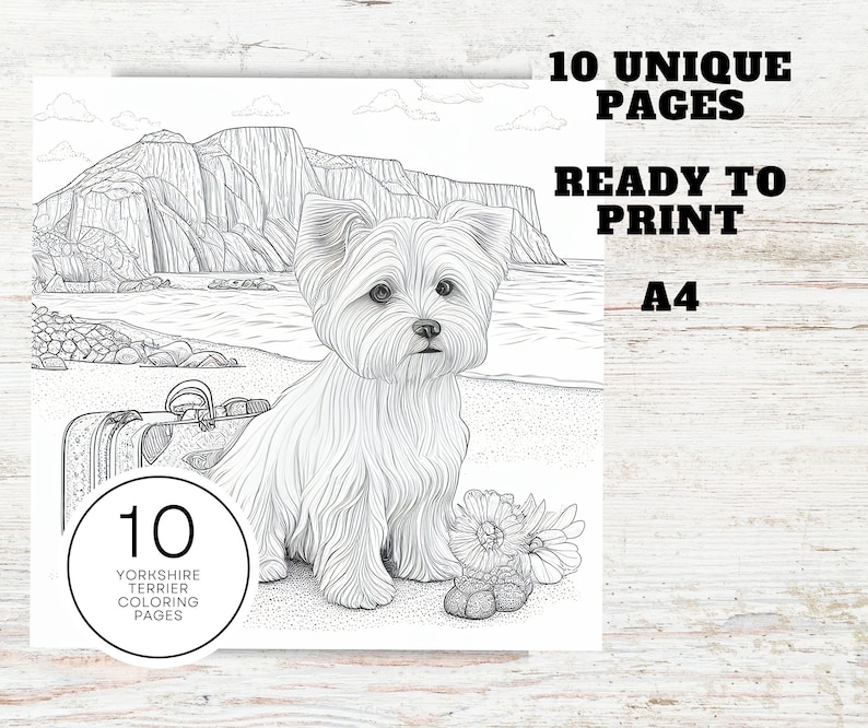 10 söta målarbilder med Yorkshireterrier | Utskrivbara målarbilder med hundar för tonåringar, vuxna och hundälskare | Stresslindring och avslappning bild 2