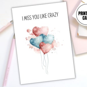 Afdrukbare I Miss You Card - Digitale download - Minimalistische aquarel Pastelroze ballonnen - Perfect voor geliefden over lange afstanden