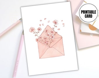 Digital Download - Pastel Pink Floral Greeting Card, Printable Minimalistic Botanical Flower Card with Envelope, Non-Personalized
