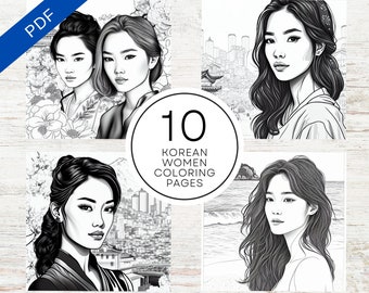 Beautiful Korean Women Faces Coloring Pages | Printable PDF 10 Pages A4 | Realistic Grayscale Illustrations For Stress Relief