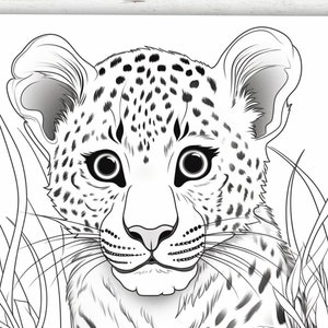 May include: A black and white line drawing of a leopard cub with a spotted coat. The cub is looking directly at the viewer with its mouth closed. The cub's whiskers are visible.