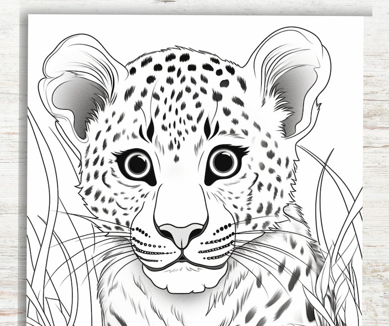 May include: A black and white line drawing of a leopard cub with a spotted coat. The cub is looking directly at the viewer with its mouth closed. The cub's whiskers are visible.