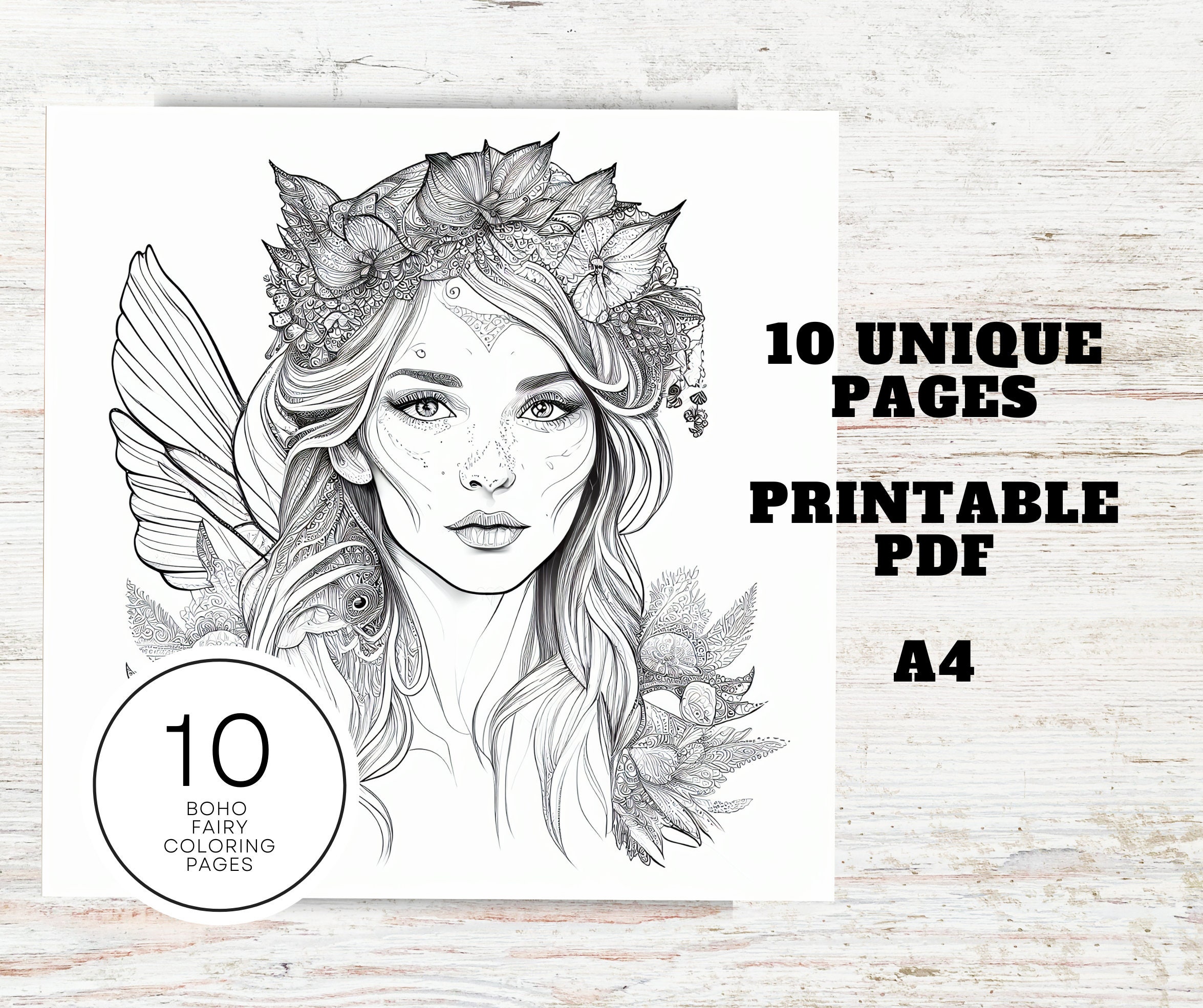 10 Boho Fairy Coloring Pages Printable PDF 10 Pages A4 Cute Realistic ...