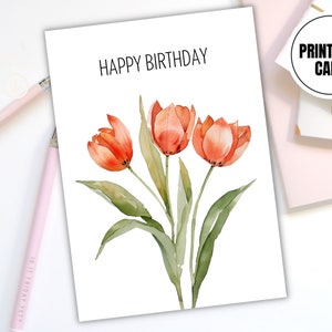 Printable Happy Birthday Card - Pastel Floral Design - Botanical Watercolor Flowers - Digital Download Image