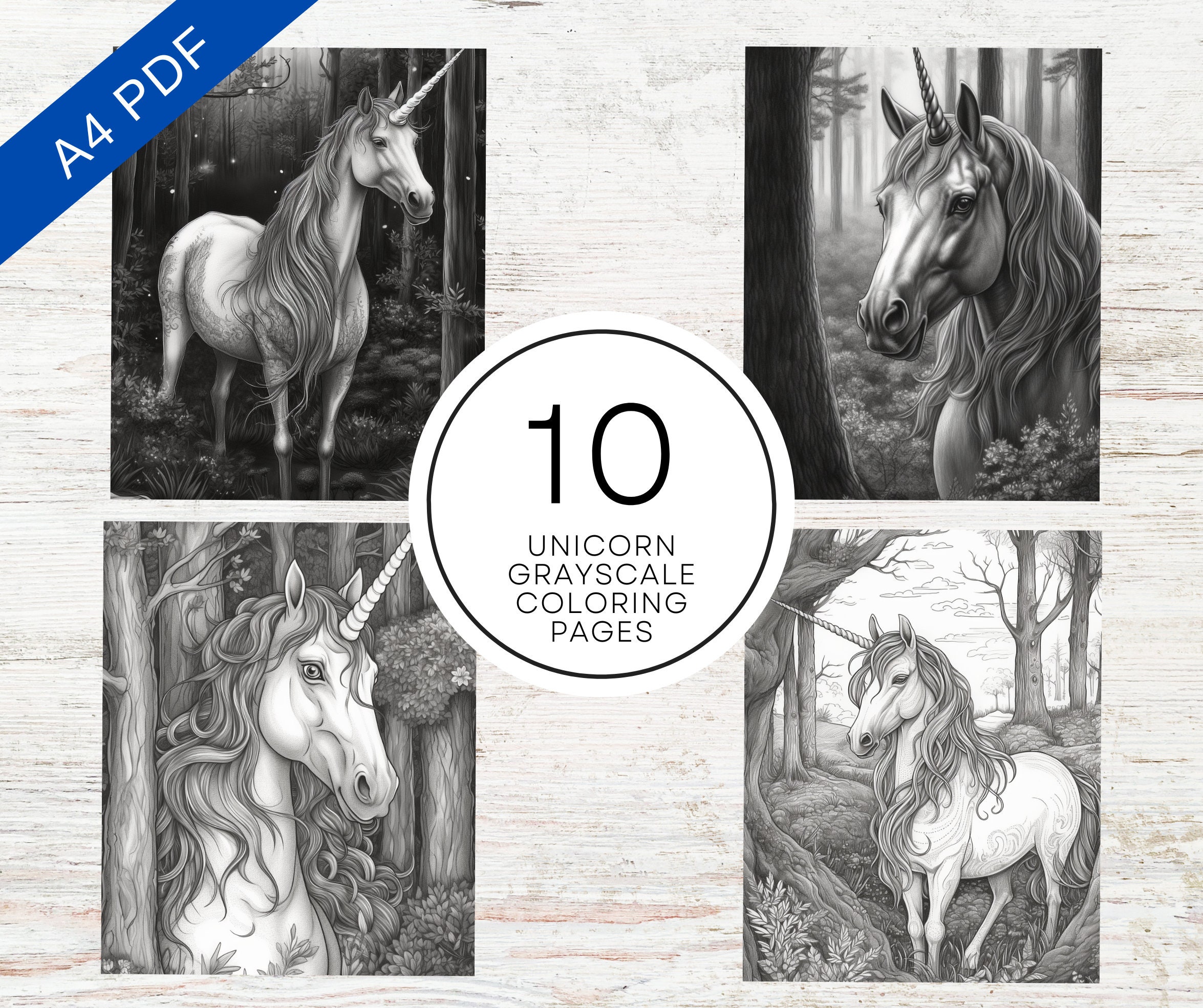10 Grayscale Unicorn Coloring Pages for Adults Digital Coloring Sheets ...