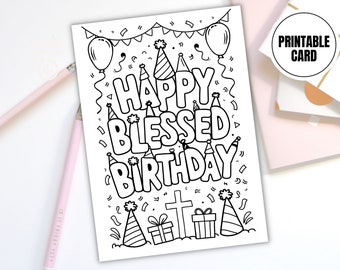 Christian Birthday Printable Coloring Card - Happy Blessed Birthday Digital Download - Catholic Greeting Card - Religious Activity Page