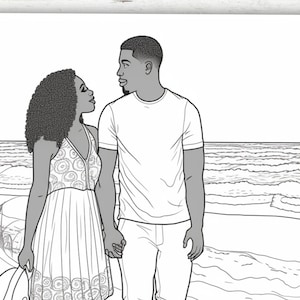 Pu&ograve; includere: Illustrazione in bianco e nero di una coppia che si tiene per mano sulla spiaggia. La donna indossa un vestito fantasia, e l'uomo una maglietta e pantaloni. L'opera raffigura una scena romantica con l'oceano sullo sfondo.