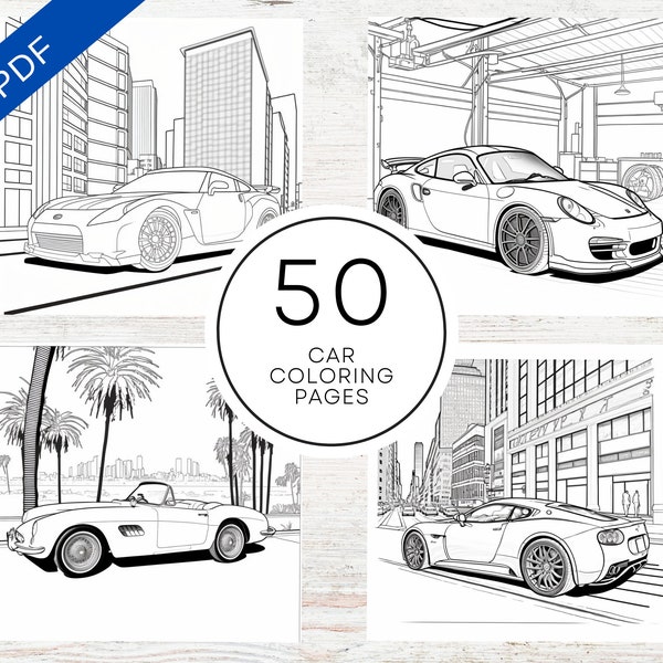 KDP Interior 50 Car Coloring Pages | 8.5" x 11" Printable PDF | Kids, Teens & Adult Coloring Book | Commercial Use Activity Book