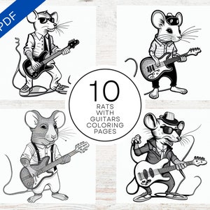 10 Cute Rats With Guitars Coloring Pages | Stress Relief & Relaxation Sheets For Kids And Adults | Printable PDF
