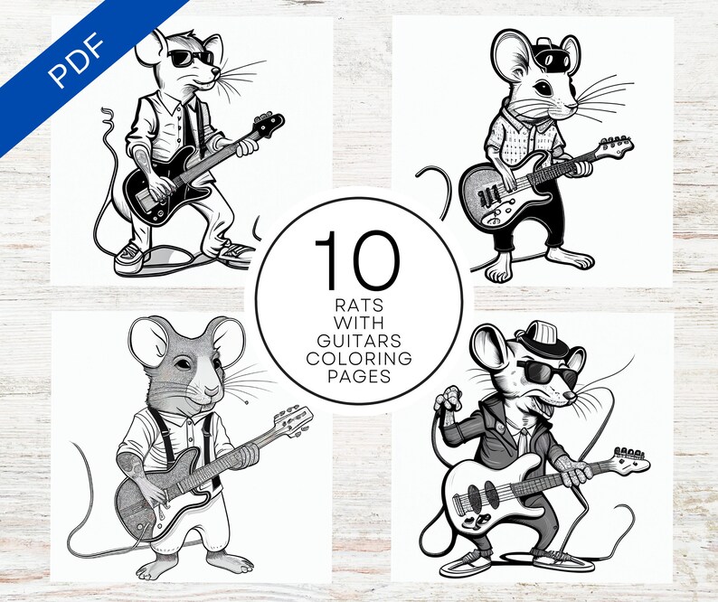 10 Cute Rats With Guitars Coloring Pages Stress Relief & Relaxation