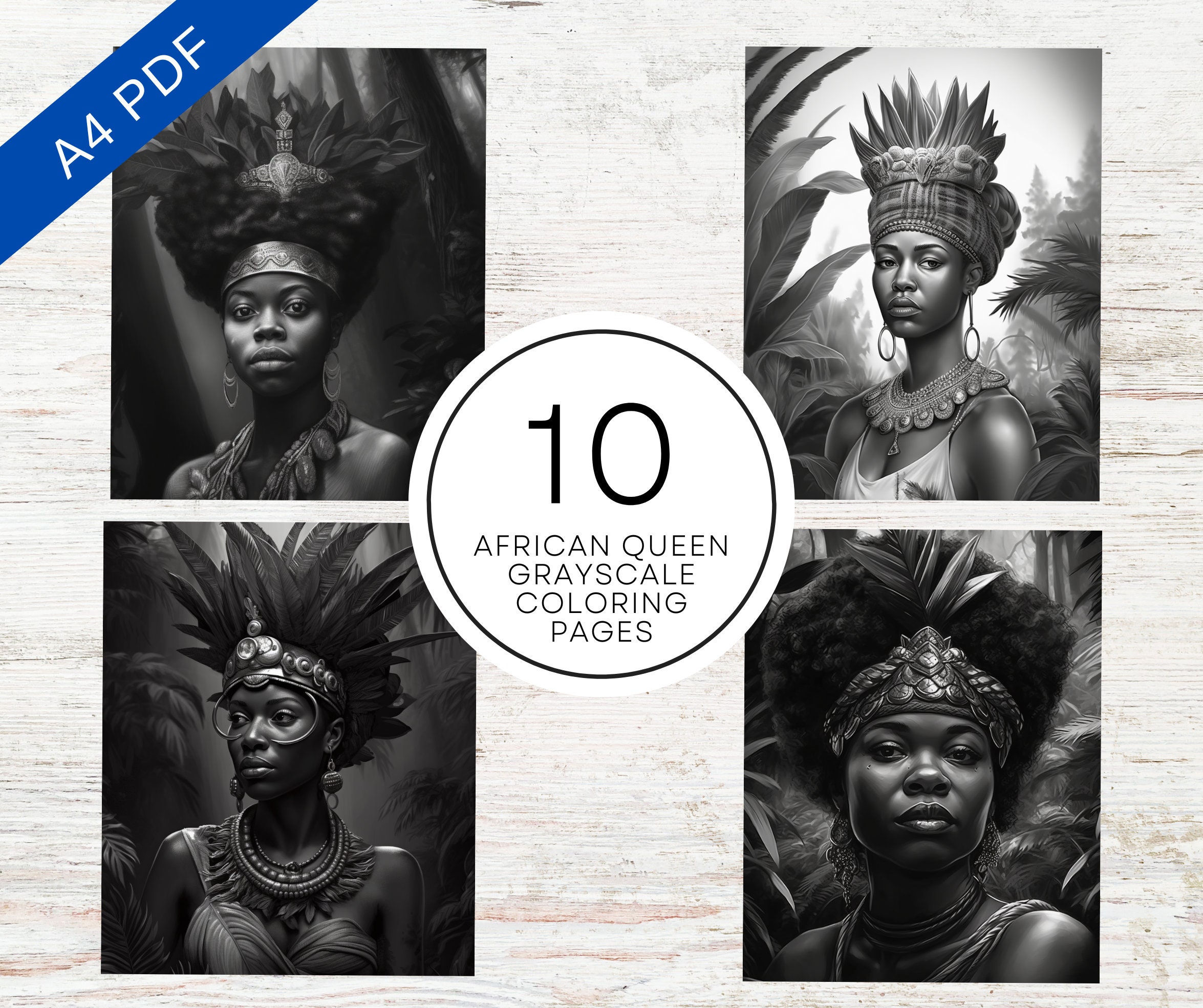 10 Grayscale African Queen Coloring Pages for Adults Digital Coloring ...