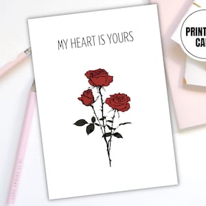 Printable Love Card for Him & Her - Minimalistic Floral Line Art, Digital Roses Flowers Card - Digital Download - Valentine&#39;s Day Card