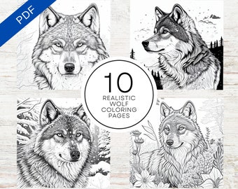 10 Wolf Coloring Pages For Teens & Adults | Printable PDF 10 Pages A4 | Realistic Grayscale Illustrations