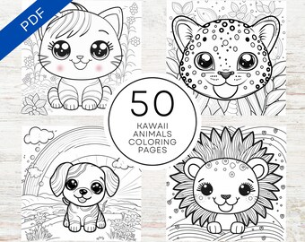 KDP Interior 50 Kawaii dierenkleurplaten | 8,5 x 11 inch afdrukbare PDF | Dierenkleurboek voor kinderen | Commercieel gebruik activiteitenboek