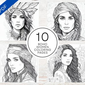 10 Beautiful Boho Women Coloring Pages | Printable PDF 10 Pages A4 | Realistic Grayscale Illustrations For Stress Relief & Relaxation