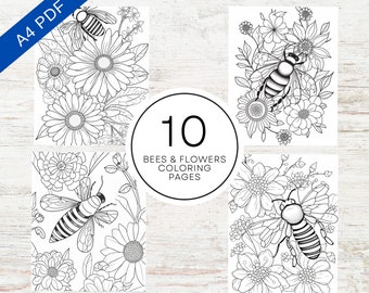 10 Bee & Flowers Coloring Pages | Printable PDF A4 | Spring Insects Coloring Sheets For Kids And Adults