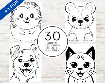 30 páginas para colorear sencillas para niños, preescolares, niños pequeños y personas mayores / PDF imprimible A4 / Libro para colorear de animales para niños
