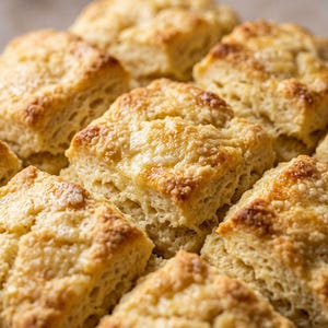 May include: A collection of square-shaped baked biscuits with golden-brown, flaky, and textured tops. The biscuits are arranged closely together, showcasing a layered, airy interior structure and a crisp, toasted surface finish throughout.