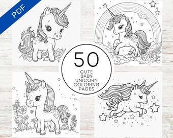 May include: A set of 50 printable coloring pages featuring cute baby unicorns in various poses. The pages are perfect for kids who love unicorns and enjoy coloring.